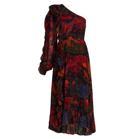Farm Rio NWT Crazy Mix One Shoulder Ruffle Hi Low Midi Sheer Sleeve Dress XSMALL - Picture 1 of 10